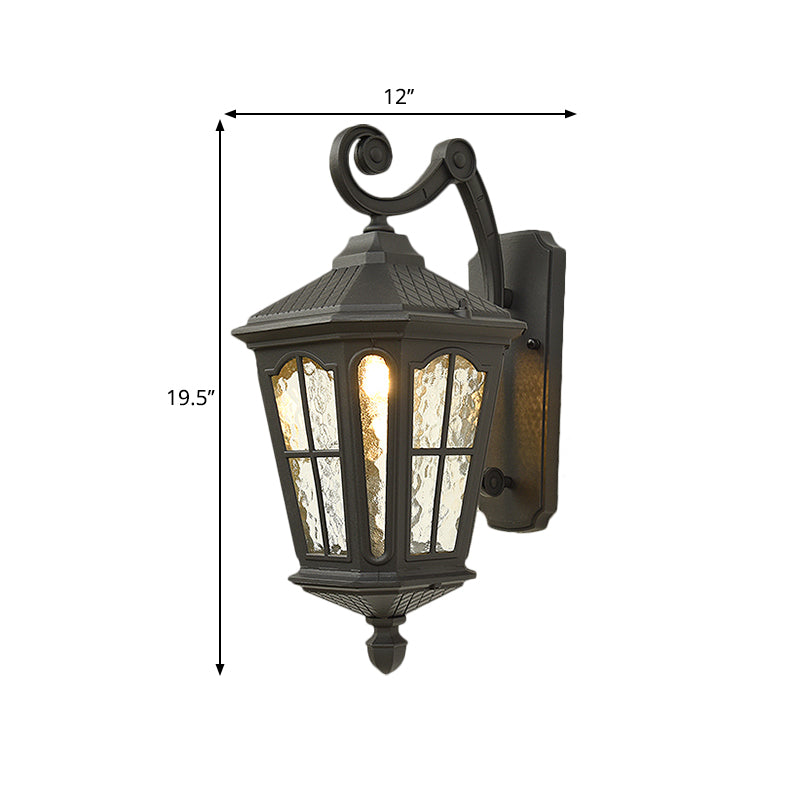 Lantern Porch Wall Lighting Traditional Dimpled Glass 9.5"/12" W 1-Bulb Black/Brass Wall Mounted Light, Up/Down Clearhalo 'Art deco wall lights' 'Cast Iron' 'Glass' 'Industrial wall lights' 'Industrial' 'Middle century wall lights' 'Modern' 'Rustic wall lights' 'Tiffany' 'Traditional wall lights' 'Wall Lamps & Sconces' 'Wall Lights' Lighting' 1687943
