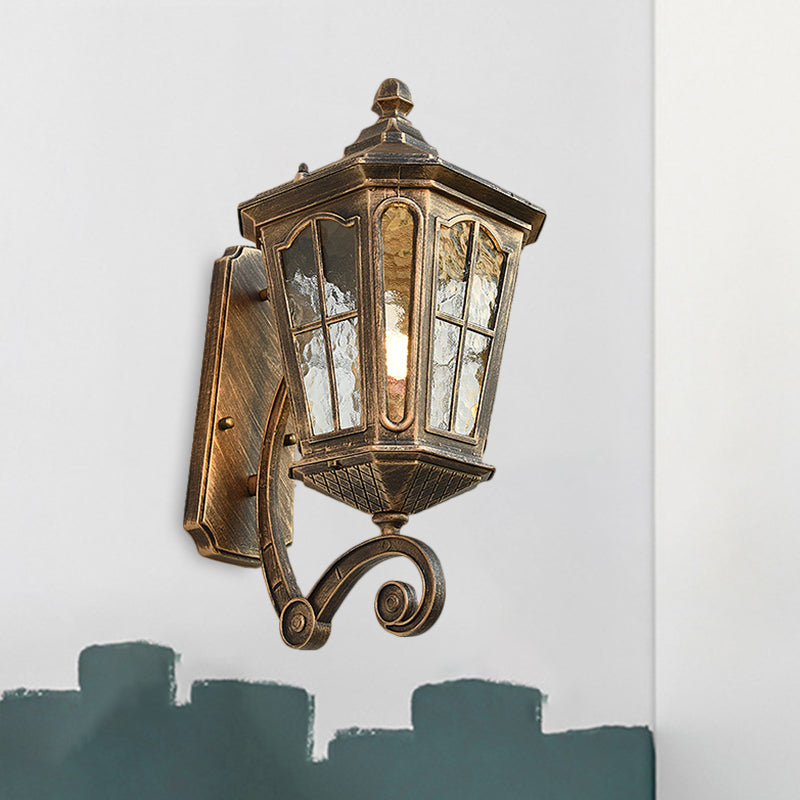 Lantern Porch Wall Lighting Traditional Dimpled Glass 9.5"/12" W 1-Bulb Black/Brass Wall Mounted Light, Up/Down Brass Up Clearhalo 'Art deco wall lights' 'Cast Iron' 'Glass' 'Industrial wall lights' 'Industrial' 'Middle century wall lights' 'Modern' 'Rustic wall lights' 'Tiffany' 'Traditional wall lights' 'Wall Lamps & Sconces' 'Wall Lights' Lighting' 1687944