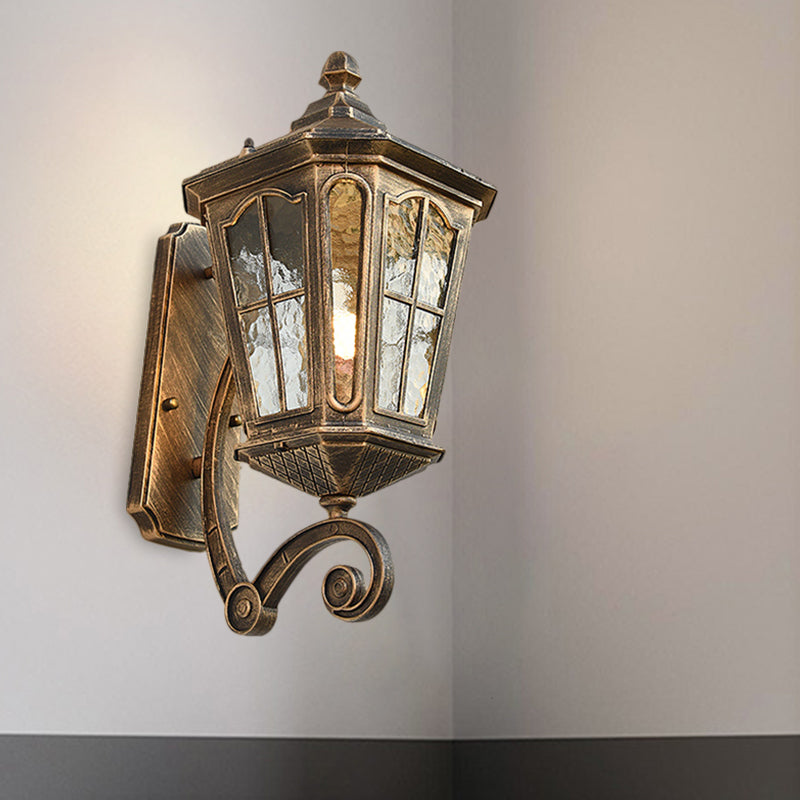 Lantern Porch Wall Lighting Traditional Dimpled Glass 9.5"/12" W 1-Bulb Black/Brass Wall Mounted Light, Up/Down Clearhalo 'Art deco wall lights' 'Cast Iron' 'Glass' 'Industrial wall lights' 'Industrial' 'Middle century wall lights' 'Modern' 'Rustic wall lights' 'Tiffany' 'Traditional wall lights' 'Wall Lamps & Sconces' 'Wall Lights' Lighting' 1687946