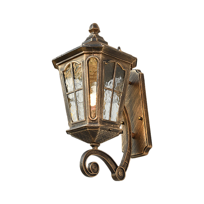 Lantern Porch Wall Lighting Traditional Dimpled Glass 9.5"/12" W 1-Bulb Black/Brass Wall Mounted Light, Up/Down Clearhalo 'Art deco wall lights' 'Cast Iron' 'Glass' 'Industrial wall lights' 'Industrial' 'Middle century wall lights' 'Modern' 'Rustic wall lights' 'Tiffany' 'Traditional wall lights' 'Wall Lamps & Sconces' 'Wall Lights' Lighting' 1687947
