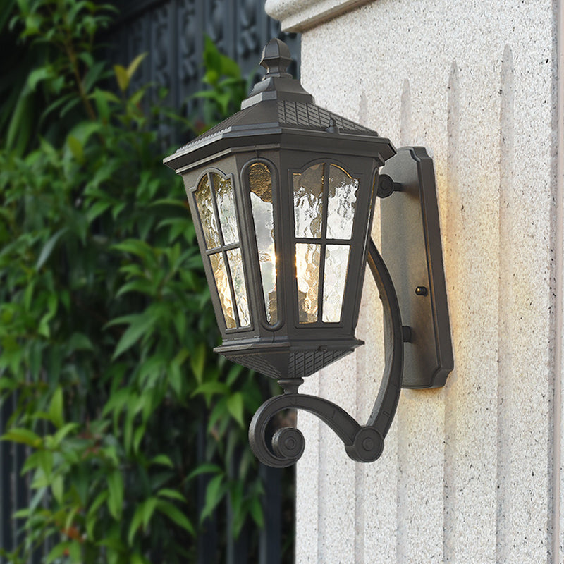 Lantern Porch Wall Lighting Traditional Dimpled Glass 9.5"/12" W 1-Bulb Black/Brass Wall Mounted Light, Up/Down Black Up Clearhalo 'Art deco wall lights' 'Cast Iron' 'Glass' 'Industrial wall lights' 'Industrial' 'Middle century wall lights' 'Modern' 'Rustic wall lights' 'Tiffany' 'Traditional wall lights' 'Wall Lamps & Sconces' 'Wall Lights' Lighting' 1687950
