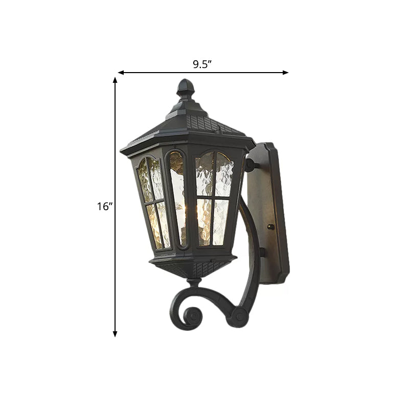 Lantern Porch Wall Lighting Traditional Dimpled Glass 9.5"/12" W 1-Bulb Black/Brass Wall Mounted Light, Up/Down Clearhalo 'Art deco wall lights' 'Cast Iron' 'Glass' 'Industrial wall lights' 'Industrial' 'Middle century wall lights' 'Modern' 'Rustic wall lights' 'Tiffany' 'Traditional wall lights' 'Wall Lamps & Sconces' 'Wall Lights' Lighting' 1687954