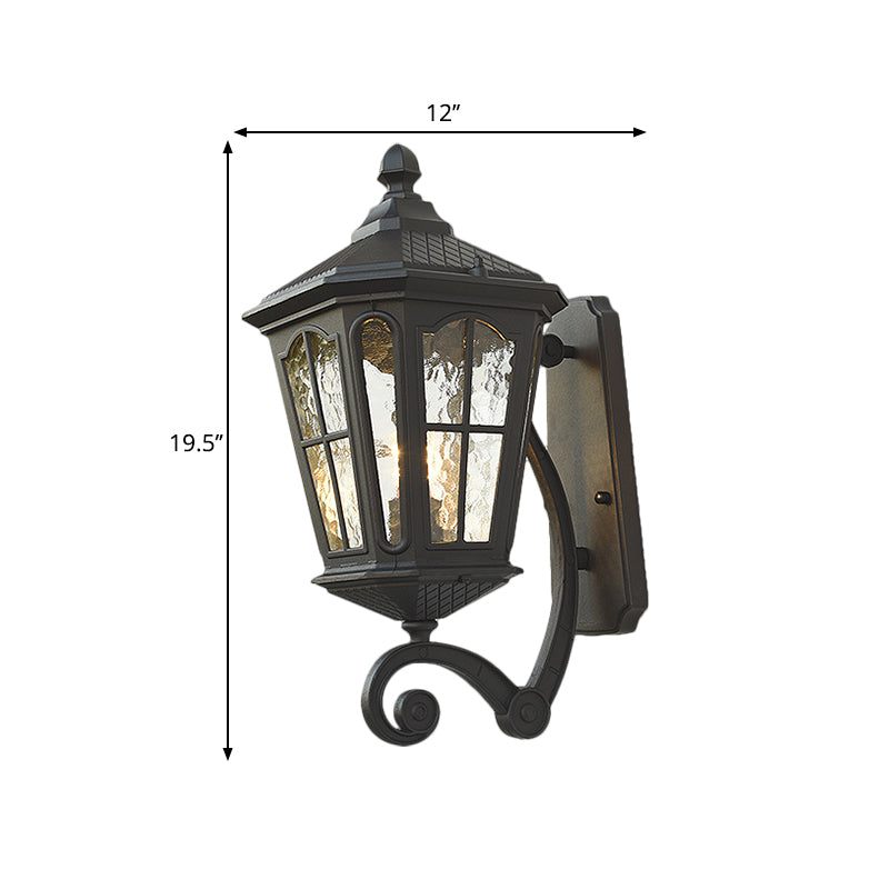 Lantern Porch Wall Lighting Traditional Dimpled Glass 9.5"/12" W 1-Bulb Black/Brass Wall Mounted Light, Up/Down Clearhalo 'Art deco wall lights' 'Cast Iron' 'Glass' 'Industrial wall lights' 'Industrial' 'Middle century wall lights' 'Modern' 'Rustic wall lights' 'Tiffany' 'Traditional wall lights' 'Wall Lamps & Sconces' 'Wall Lights' Lighting' 1687955