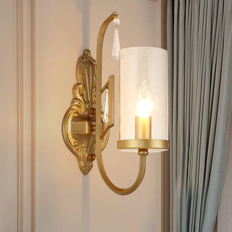 Gold Cylinder Wall Lighting Country Clear Glass 1/2-Light Living Room Surface Wall Sconce with Curved Arm 1.0 Gold Clearhalo 'Wall Lamps & Sconces' 'Wall Lights' Lighting' 1687965