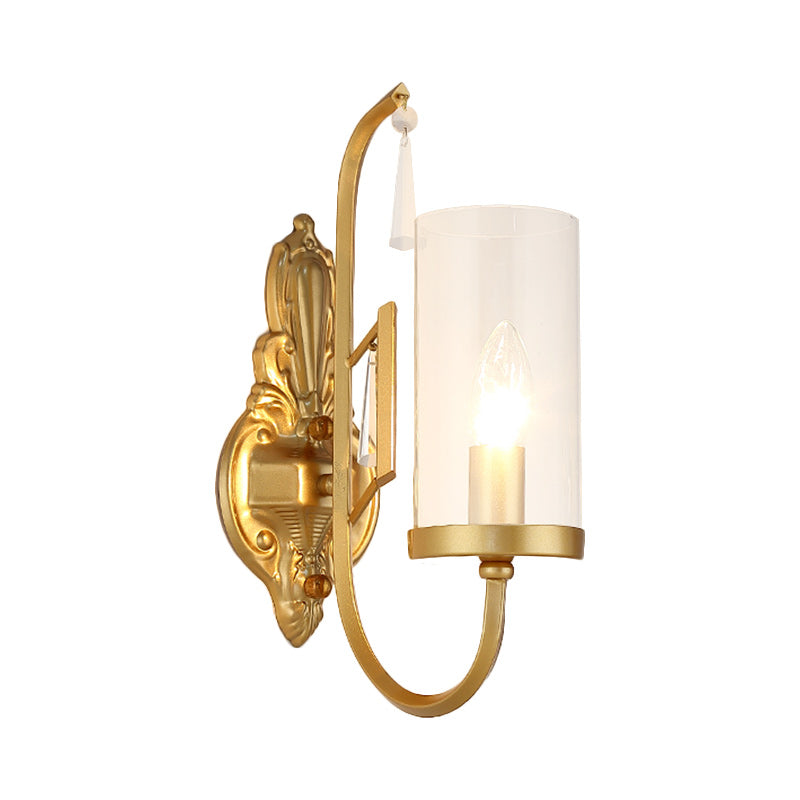 Gold Cylinder Wall Lighting Country Clear Glass 1/2-Light Living Room Surface Wall Sconce with Curved Arm Clearhalo 'Wall Lamps & Sconces' 'Wall Lights' Lighting' 1687967