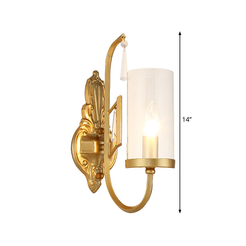 Gold Cylinder Wall Lighting Country Clear Glass 1/2-Light Living Room Surface Wall Sconce with Curved Arm Clearhalo 'Wall Lamps & Sconces' 'Wall Lights' Lighting' 1687968