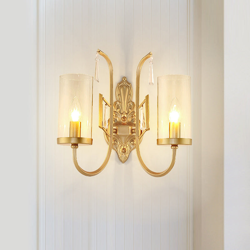 Gold Cylinder Wall Lighting Country Clear Glass 1/2-Light Living Room Surface Wall Sconce with Curved Arm 2.0 Gold Clearhalo 'Wall Lamps & Sconces' 'Wall Lights' Lighting' 1687969