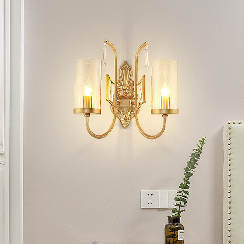 Gold Cylinder Wall Lighting Country Clear Glass 1/2-Light Living Room Surface Wall Sconce with Curved Arm Clearhalo 'Wall Lamps & Sconces' 'Wall Lights' Lighting' 1687971