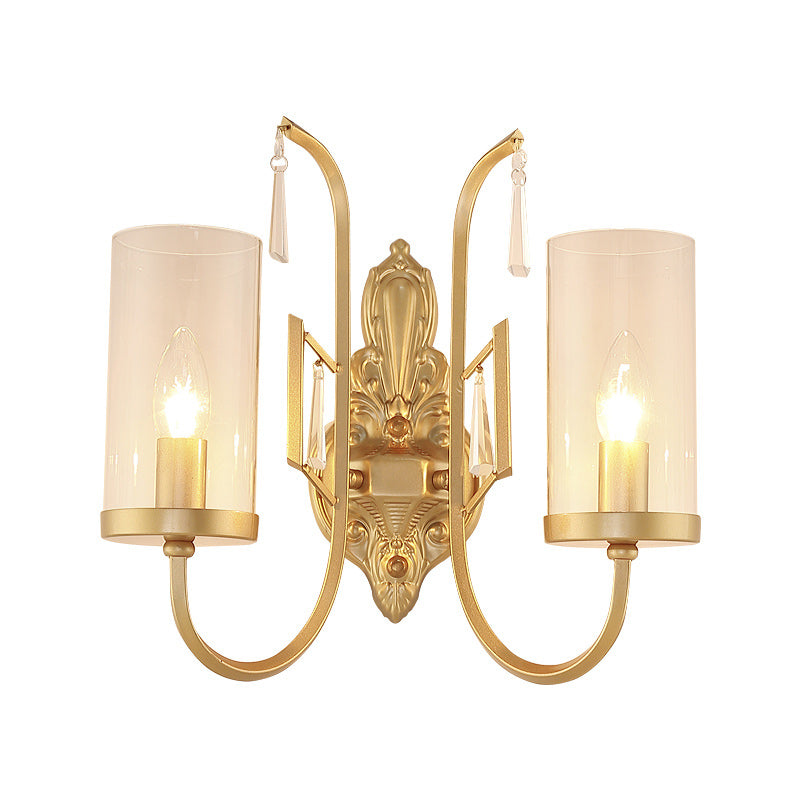 Gold Cylinder Wall Lighting Country Clear Glass 1/2-Light Living Room Surface Wall Sconce with Curved Arm Clearhalo 'Wall Lamps & Sconces' 'Wall Lights' Lighting' 1687972