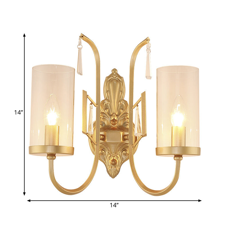 Gold Cylinder Wall Lighting Country Clear Glass 1/2-Light Living Room Surface Wall Sconce with Curved Arm Clearhalo 'Wall Lamps & Sconces' 'Wall Lights' Lighting' 1687973