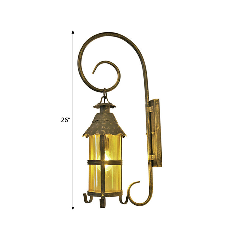 Retro Lantern Wall Mount Lighting 1 Head Metallic Wall Light Fixture with Scroll Arm in Antique Bronze Clearhalo 'Art deco wall lights' 'Cast Iron' 'Glass' 'Industrial wall lights' 'Industrial' 'Middle century wall lights' 'Modern' 'Rustic wall lights' 'Tiffany' 'Traditional wall lights' 'Wall Lamps & Sconces' 'Wall Lights' Lighting' 1687981