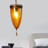 Amber Glass Black Suspension Lamp Tapered 1-Head Retro Style Chain Hanging Ceiling Light with Grid Trim Amber Clearhalo 'Ceiling Lights' 'Close To Ceiling Lights' 'Glass shade' 'Glass' 'Pendant Lights' 'Pendants' Lighting' 1688002