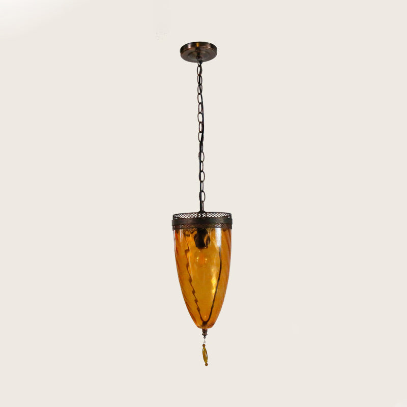 Amber Glass Black Suspension Lamp Tapered 1-Head Retro Style Chain Hanging Ceiling Light with Grid Trim Clearhalo 'Ceiling Lights' 'Close To Ceiling Lights' 'Glass shade' 'Glass' 'Pendant Lights' 'Pendants' Lighting' 1688003
