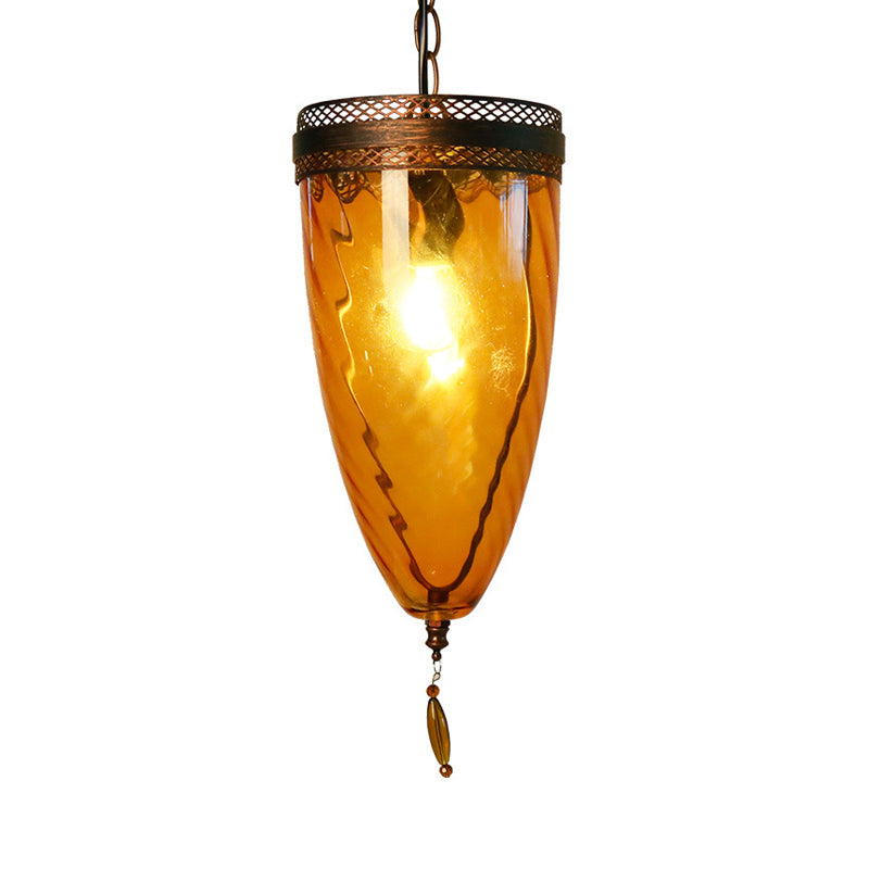 Amber Glass Black Suspension Lamp Tapered 1-Head Retro Style Chain Hanging Ceiling Light with Grid Trim Clearhalo 'Ceiling Lights' 'Close To Ceiling Lights' 'Glass shade' 'Glass' 'Pendant Lights' 'Pendants' Lighting' 1688004
