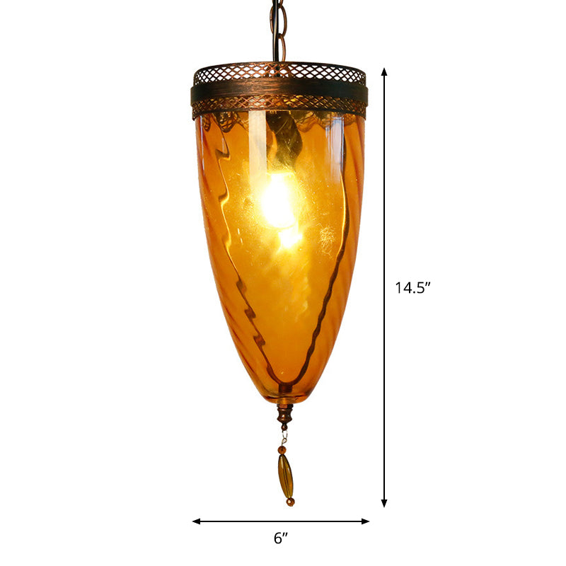Amber Glass Black Suspension Lamp Tapered 1-Head Retro Style Chain Hanging Ceiling Light with Grid Trim Clearhalo 'Ceiling Lights' 'Close To Ceiling Lights' 'Glass shade' 'Glass' 'Pendant Lights' 'Pendants' Lighting' 1688005