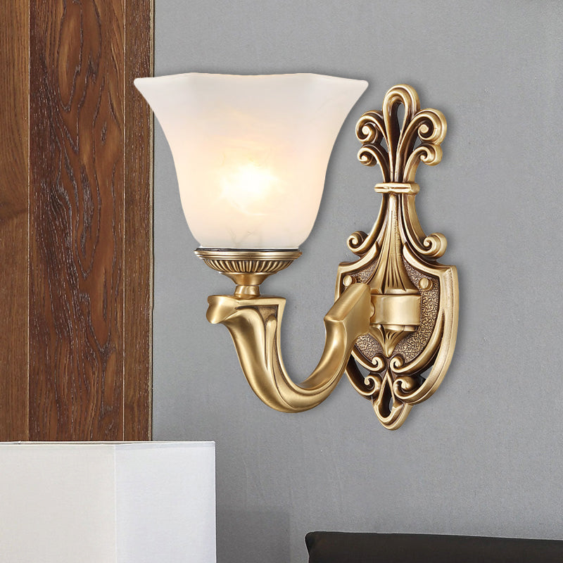 Gold 1/2 Bulbs Wall Mounted Lamp Traditional Frosted Glass Inverted Bell Wall Lighting Idea with Curved Arm 1.0 Gold Clearhalo 'Wall Lamps & Sconces' 'Wall Lights' Lighting' 1688006