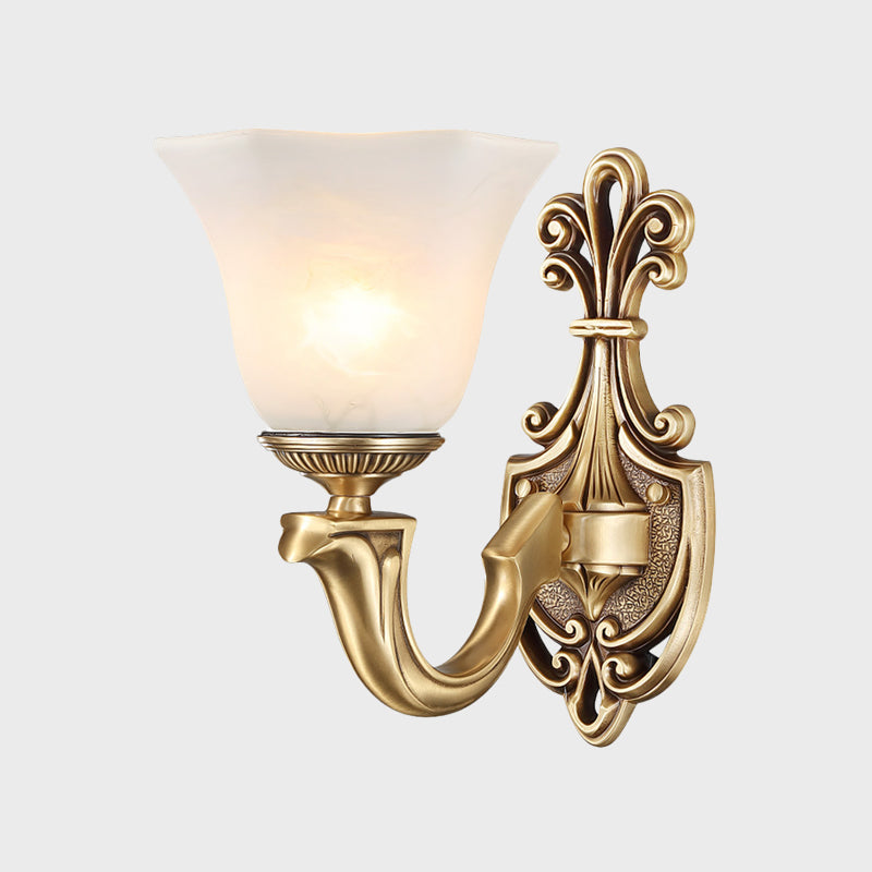 Gold 1/2 Bulbs Wall Mounted Lamp Traditional Frosted Glass Inverted Bell Wall Lighting Idea with Curved Arm Clearhalo 'Wall Lamps & Sconces' 'Wall Lights' Lighting' 1688007