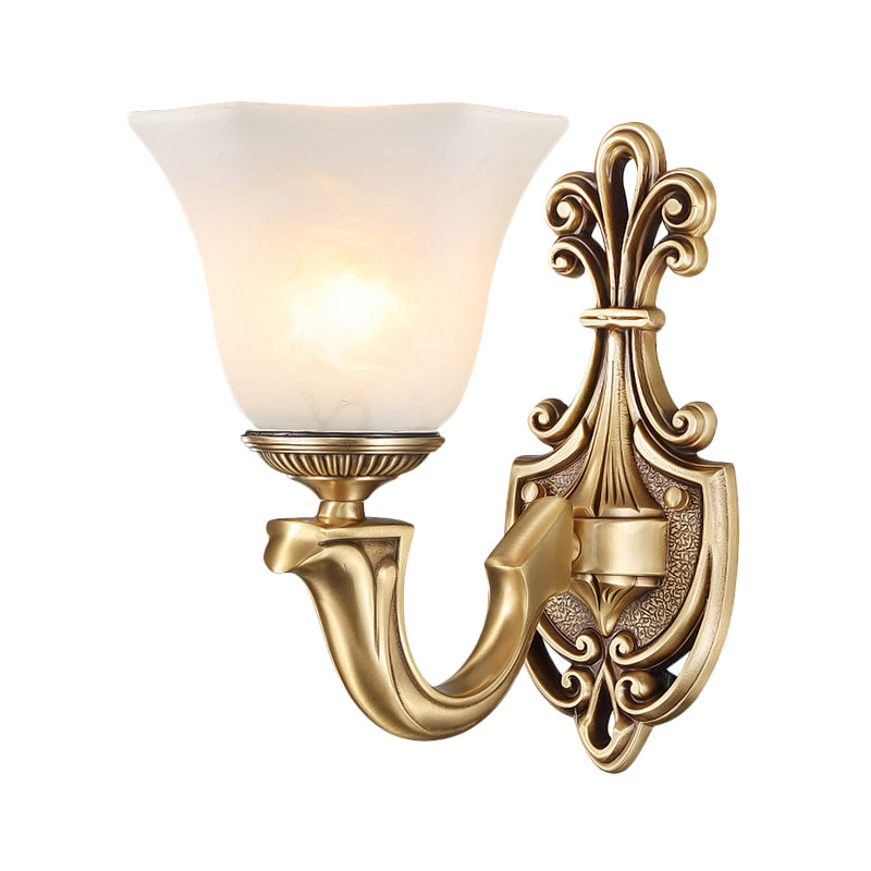 Gold 1/2 Bulbs Wall Mounted Lamp Traditional Frosted Glass Inverted Bell Wall Lighting Idea with Curved Arm Clearhalo 'Wall Lamps & Sconces' 'Wall Lights' Lighting' 1688008