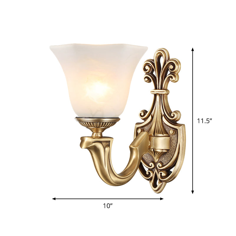 Gold 1/2 Bulbs Wall Mounted Lamp Traditional Frosted Glass Inverted Bell Wall Lighting Idea with Curved Arm Clearhalo 'Wall Lamps & Sconces' 'Wall Lights' Lighting' 1688009