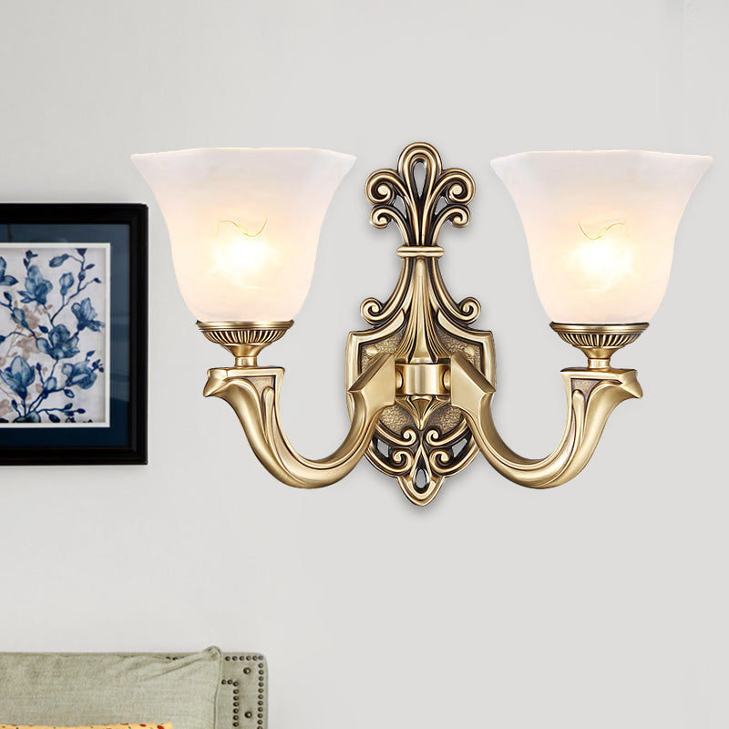 Gold 1/2 Bulbs Wall Mounted Lamp Traditional Frosted Glass Inverted Bell Wall Lighting Idea with Curved Arm Clearhalo 'Wall Lamps & Sconces' 'Wall Lights' Lighting' 1688011