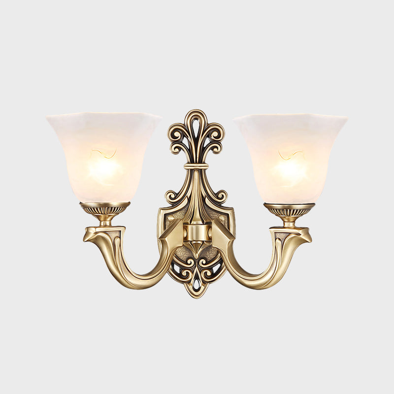 Gold 1/2 Bulbs Wall Mounted Lamp Traditional Frosted Glass Inverted Bell Wall Lighting Idea with Curved Arm Clearhalo 'Wall Lamps & Sconces' 'Wall Lights' Lighting' 1688012