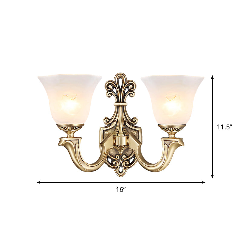 Gold 1/2 Bulbs Wall Mounted Lamp Traditional Frosted Glass Inverted Bell Wall Lighting Idea with Curved Arm Clearhalo 'Wall Lamps & Sconces' 'Wall Lights' Lighting' 1688014