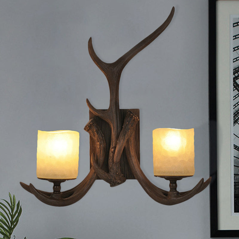 2-Head Cylinder Wall Sconce Countryside Brown Opal Glass Wall Lighting Idea with Antler Design Brown Clearhalo 'Wall Lamps & Sconces' 'Wall Lights' Lighting' 1688024