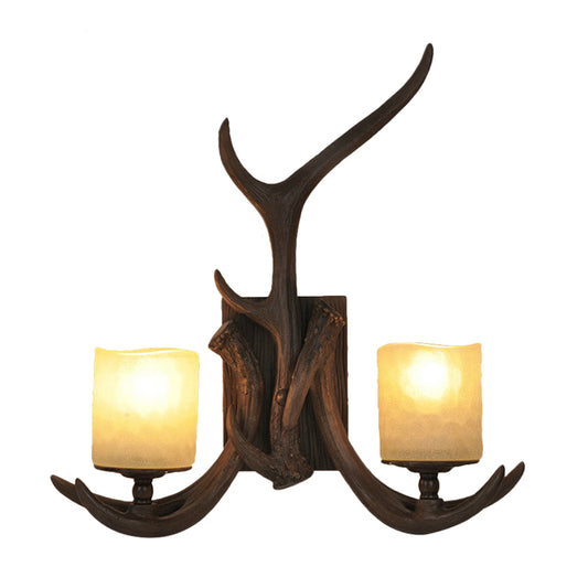 2-Head Cylinder Wall Sconce Countryside Brown Opal Glass Wall Lighting Idea with Antler Design Clearhalo 'Wall Lamps & Sconces' 'Wall Lights' Lighting' 1688026