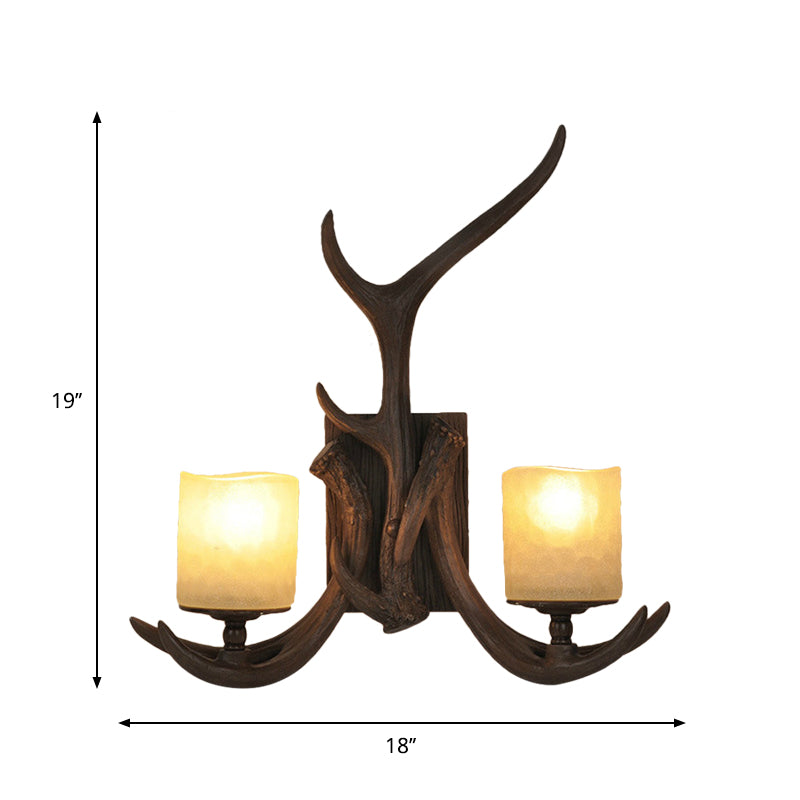 2-Head Cylinder Wall Sconce Countryside Brown Opal Glass Wall Lighting Idea with Antler Design Clearhalo 'Wall Lamps & Sconces' 'Wall Lights' Lighting' 1688027