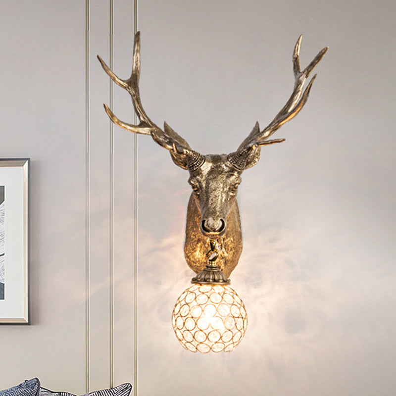 Single Bulb Elk Head Wall Mounted Lamp Warehouse Gold Resin Wall Sconce Light with Beveled Crystal Shade Clearhalo 'Wall Lamps & Sconces' 'Wall Lights' Lighting' 1688029