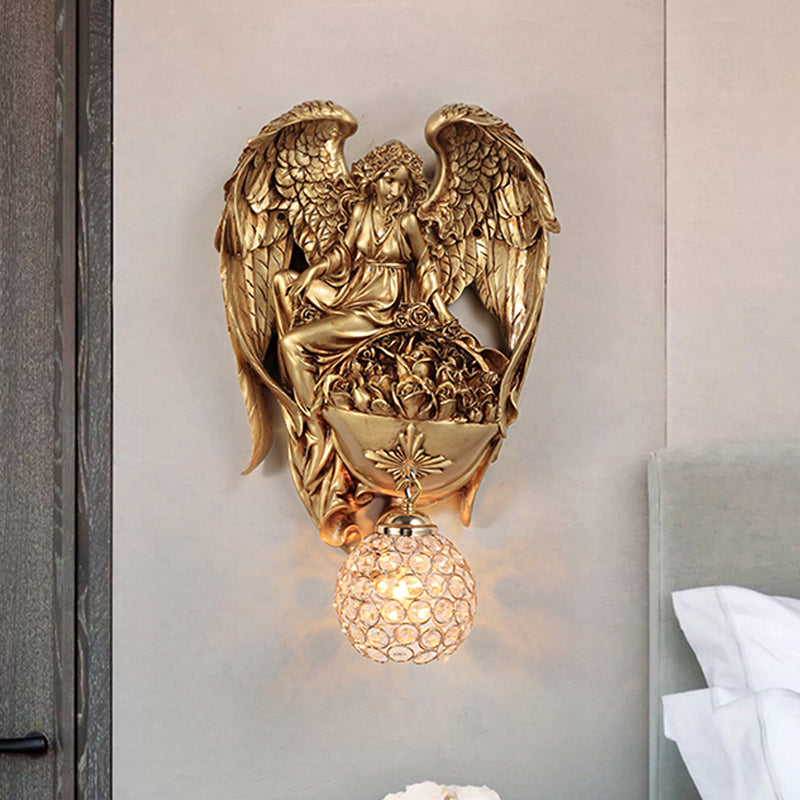 Single Light Wall Sconce Classic Style Water Drop/Dome Hand-Cut Crystal Wall Lighting Idea with Angel and Blossom Design in Gold/Dark Gold Dark Gold Dome Clearhalo 'Wall Lamps & Sconces' 'Wall Lights' Lighting' 1688036