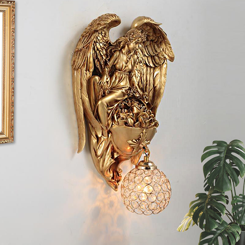 Single Light Wall Sconce Classic Style Water Drop/Dome Hand-Cut Crystal Wall Lighting Idea with Angel and Blossom Design in Gold/Dark Gold Clearhalo 'Wall Lamps & Sconces' 'Wall Lights' Lighting' 1688037