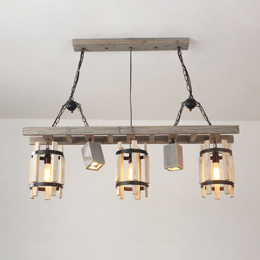 Grey/Brown 5 Lights Drop Pendant Farmhouse Wood Cylinder Frame Island Lighting with Ladder Design Grey Clearhalo 'Ceiling Lights' 'Island Lights' Lighting' 1688045