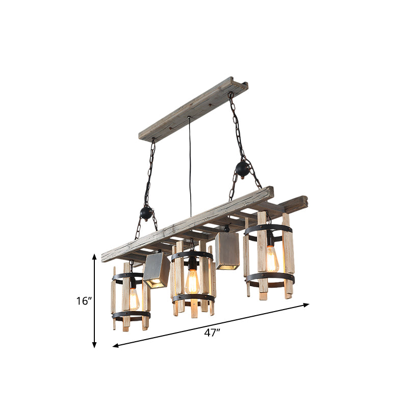 Grey/Brown 5 Lights Drop Pendant Farmhouse Wood Cylinder Frame Island Lighting with Ladder Design Clearhalo 'Ceiling Lights' 'Island Lights' Lighting' 1688048