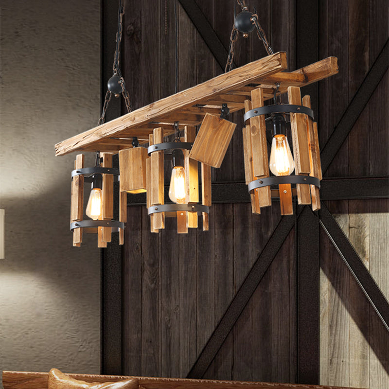 Grey/Brown 5 Lights Drop Pendant Farmhouse Wood Cylinder Frame Island Lighting with Ladder Design Brown Clearhalo 'Ceiling Lights' 'Island Lights' Lighting' 1688049