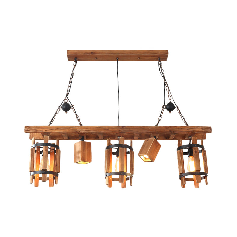 Grey/Brown 5 Lights Drop Pendant Farmhouse Wood Cylinder Frame Island Lighting with Ladder Design Clearhalo 'Ceiling Lights' 'Island Lights' Lighting' 1688052