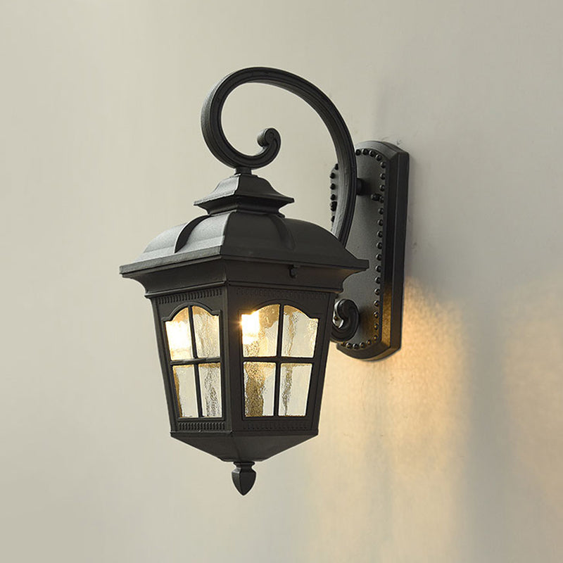 1 Light Seedy Glass Wall Lamp Antique Black Lantern Doorway Wall Light with Up/Down Curved Arm, 10"/12.5" W Clearhalo 'Art deco wall lights' 'Cast Iron' 'Glass' 'Industrial wall lights' 'Industrial' 'Middle century wall lights' 'Modern' 'Rustic wall lights' 'Tiffany' 'Traditional wall lights' 'Wall Lamps & Sconces' 'Wall Lights' Lighting' 1688055