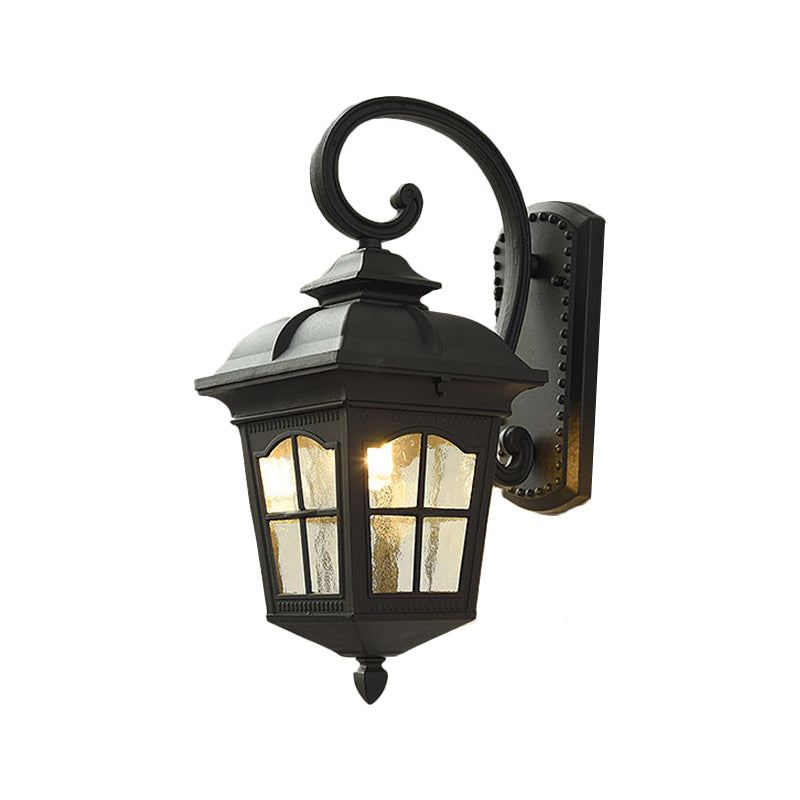 1 Light Seedy Glass Wall Lamp Antique Black Lantern Doorway Wall Light with Up/Down Curved Arm, 10"/12.5" W Clearhalo 'Art deco wall lights' 'Cast Iron' 'Glass' 'Industrial wall lights' 'Industrial' 'Middle century wall lights' 'Modern' 'Rustic wall lights' 'Tiffany' 'Traditional wall lights' 'Wall Lamps & Sconces' 'Wall Lights' Lighting' 1688056