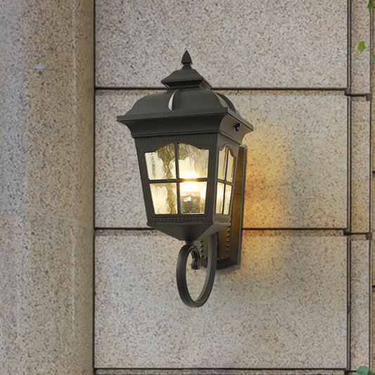 1 Light Seedy Glass Wall Lamp Antique Black Lantern Doorway Wall Light with Up/Down Curved Arm, 10"/12.5" W Clearhalo 'Art deco wall lights' 'Cast Iron' 'Glass' 'Industrial wall lights' 'Industrial' 'Middle century wall lights' 'Modern' 'Rustic wall lights' 'Tiffany' 'Traditional wall lights' 'Wall Lamps & Sconces' 'Wall Lights' Lighting' 1688061