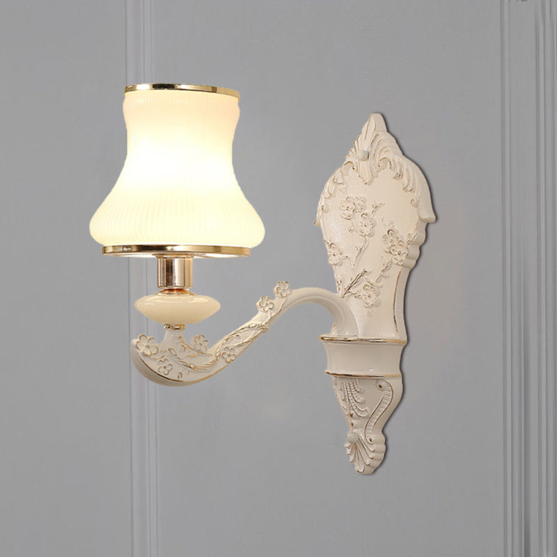 Gourd Bedroom Wall Mount Lamp Rural White Glass 1/2-Head Beige Wall Lighting Ideas with Resin Backplate 1.0 White Clearhalo 'Wall Lamps & Sconces' 'Wall Lights' Lighting' 1688069