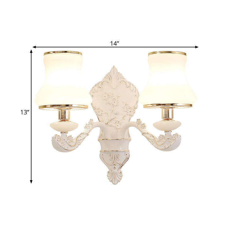 Gourd Bedroom Wall Mount Lamp Rural White Glass 1/2-Head Beige Wall Lighting Ideas with Resin Backplate Clearhalo 'Wall Lamps & Sconces' 'Wall Lights' Lighting' 1688077