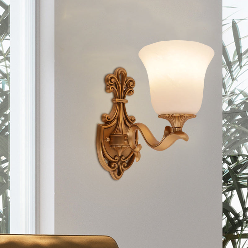 Brass 1 Hear Wall Light Countryside Opal Glass Bell Shaped Wall Sconce Lighting with Curvy Arm Brass Clearhalo 'Wall Lamps & Sconces' 'Wall Lights' Lighting' 1688078