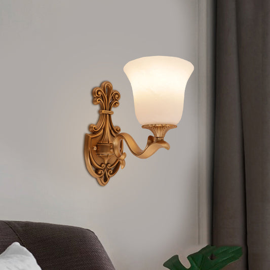 Brass 1 Hear Wall Light Countryside Opal Glass Bell Shaped Wall Sconce Lighting with Curvy Arm Clearhalo 'Wall Lamps & Sconces' 'Wall Lights' Lighting' 1688079