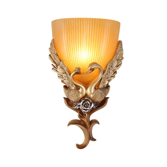 Resin Goose Wall Lighting Ideas Classic 1 Bulb Bedroom Wall Lamp in Gold with Bowl Amber Ribbed Glass Shade Clearhalo 'Wall Lamps & Sconces' 'Wall Lights' Lighting' 1688084
