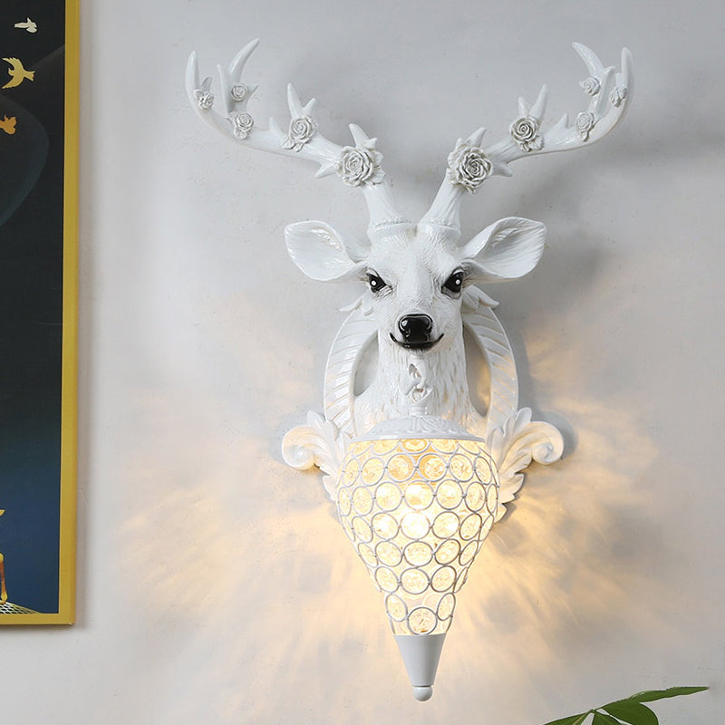 Rural Deer Wall Lighting 1-Head Resin Wall Mounted Lamp with Clear Hand-Cut Crystal Shade in Gold/Grey/White White Clearhalo 'Wall Lamps & Sconces' 'Wall Lights' Lighting' 1688121