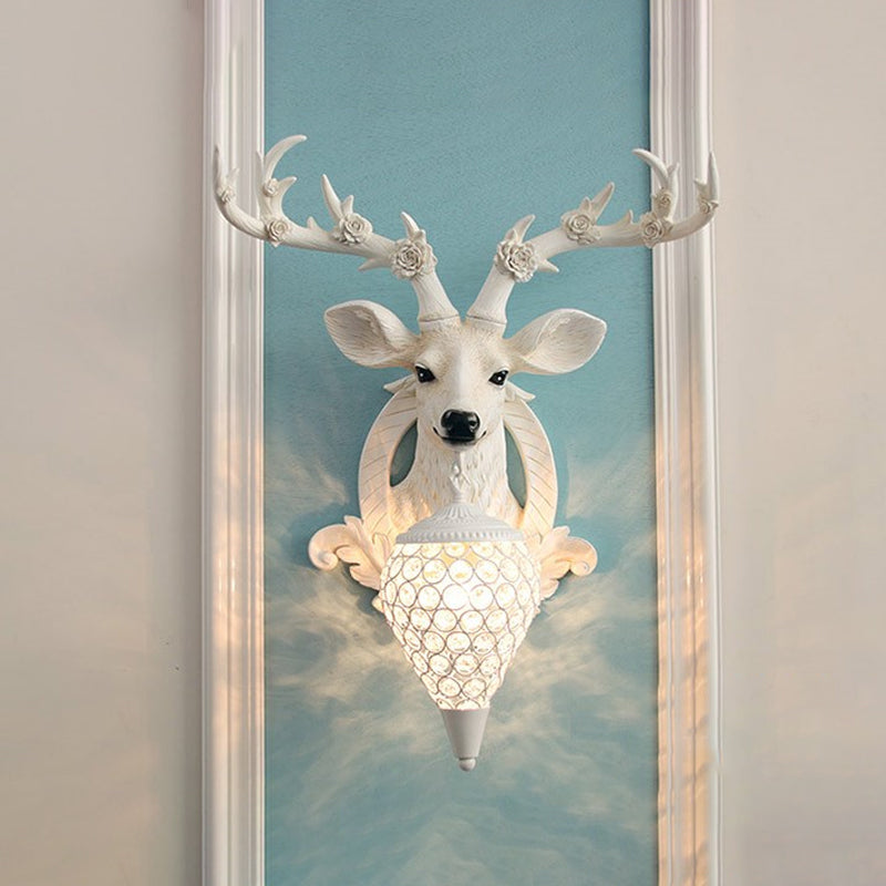 Rural Deer Wall Lighting 1-Head Resin Wall Mounted Lamp with Clear Hand-Cut Crystal Shade in Gold/Grey/White Clearhalo 'Wall Lamps & Sconces' 'Wall Lights' Lighting' 1688122