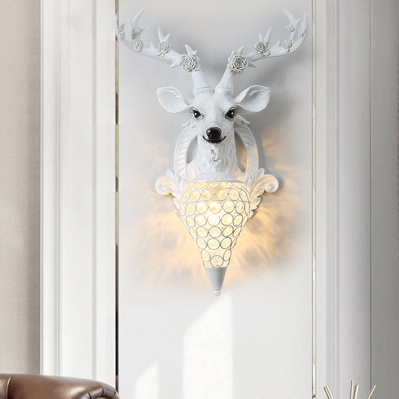 Rural Deer Wall Lighting 1-Head Resin Wall Mounted Lamp with Clear Hand-Cut Crystal Shade in Gold/Grey/White Clearhalo 'Wall Lamps & Sconces' 'Wall Lights' Lighting' 1688123