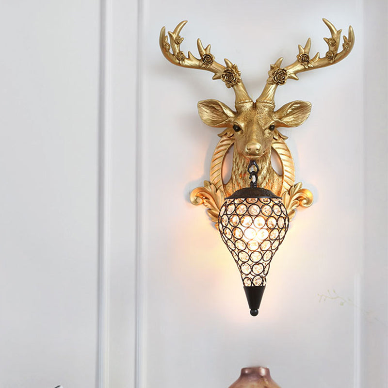 Rural Deer Wall Lighting 1-Head Resin Wall Mounted Lamp with Clear Hand-Cut Crystal Shade in Gold/Grey/White Gold Clearhalo 'Wall Lamps & Sconces' 'Wall Lights' Lighting' 1688125