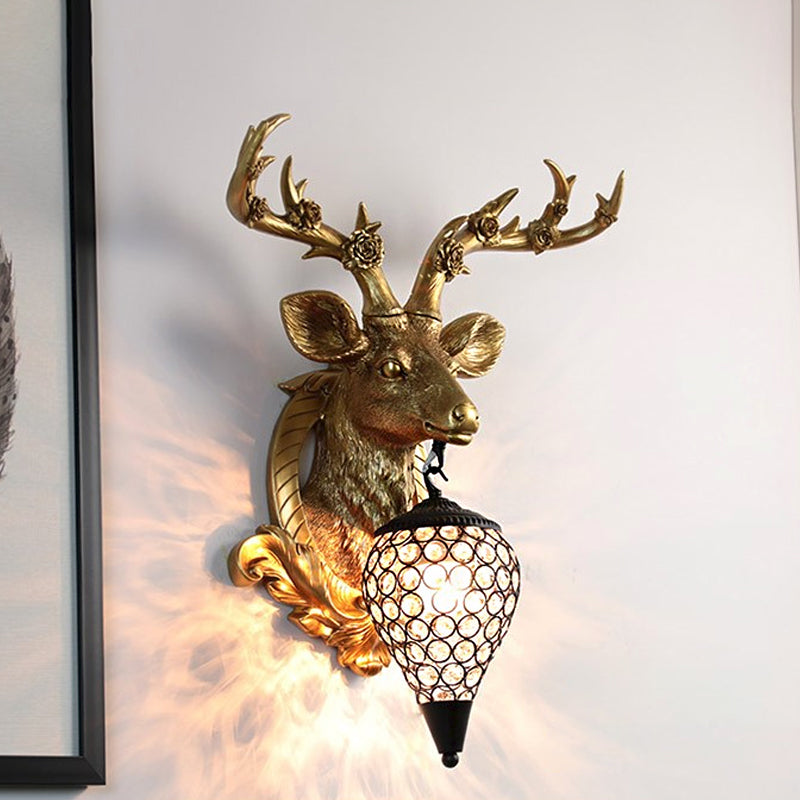 Rural Deer Wall Lighting 1-Head Resin Wall Mounted Lamp with Clear Hand-Cut Crystal Shade in Gold/Grey/White Clearhalo 'Wall Lamps & Sconces' 'Wall Lights' Lighting' 1688126