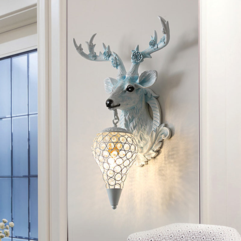 Rural Deer Wall Lighting 1-Head Resin Wall Mounted Lamp with Clear Hand-Cut Crystal Shade in Gold/Grey/White Clearhalo 'Wall Lamps & Sconces' 'Wall Lights' Lighting' 1688131